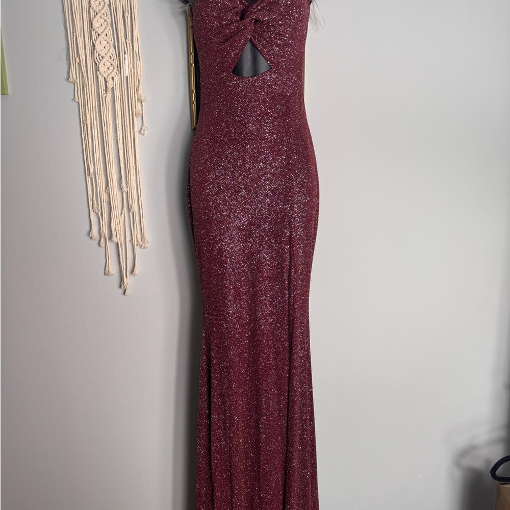 Maroon Glitter Twist-Front Evening Gown